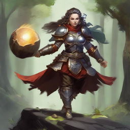 Manifesting her mystical prowess, an unarmed female dwarf, an earth and wood bender, adorned in heavy armor, commands splinters of wood and fragments of rock to levitate and orbit around her.