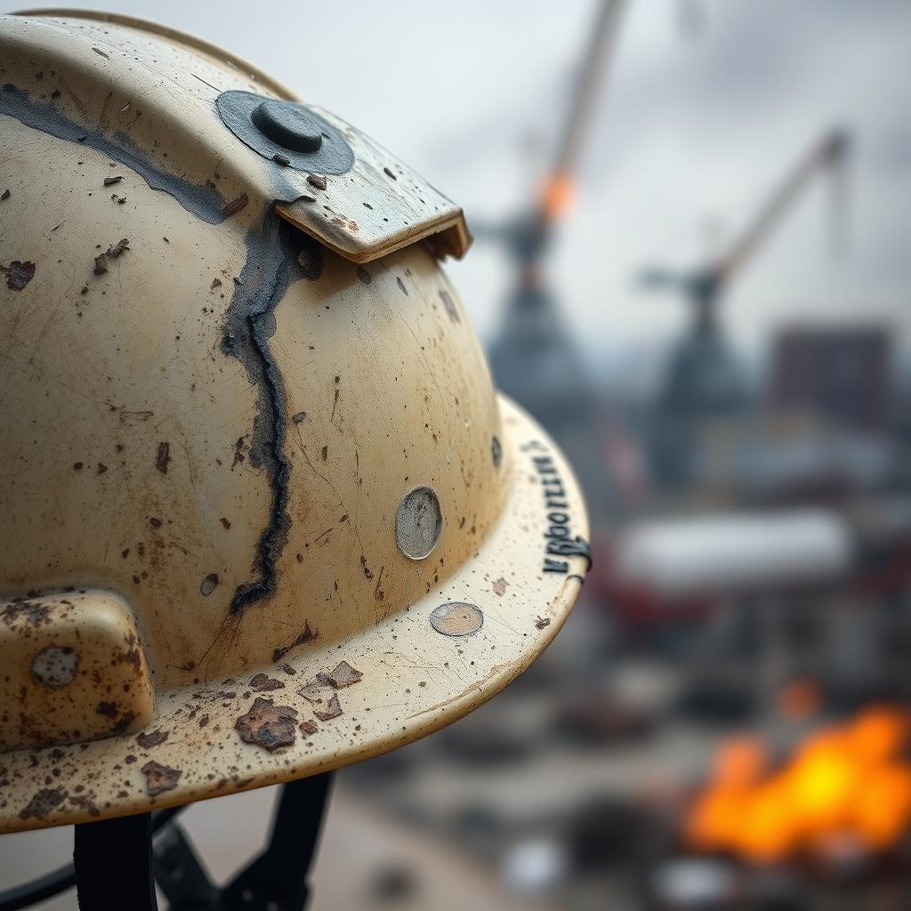 A close-up photograph of a safety helmet that has been severely damaged after an explosion at the Port Pier in Bandar Abbas