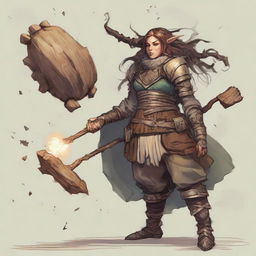 Manifesting her mystical prowess, an unarmed female dwarf, an earth and wood bender, adorned in heavy armor, commands splinters of wood and fragments of rock to levitate and orbit around her.