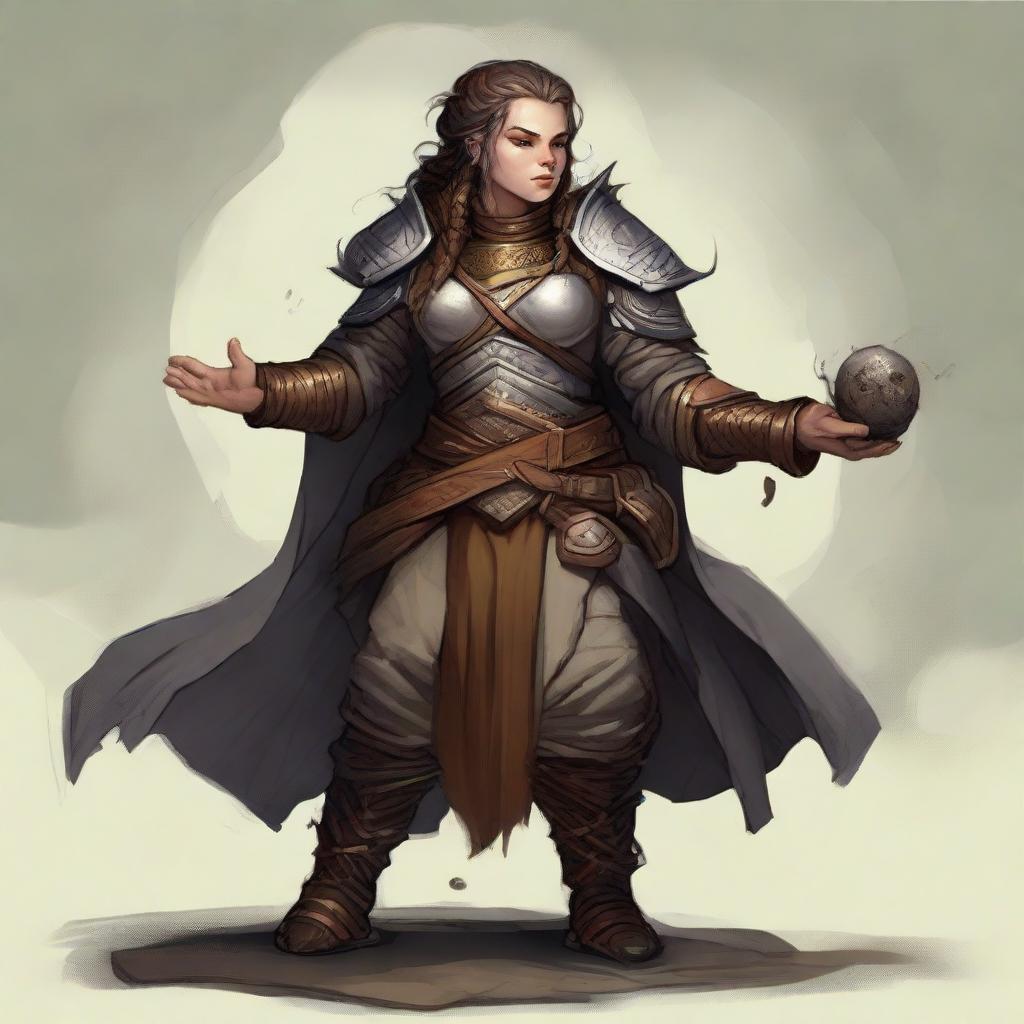 Manifesting her mystical prowess, an unarmed female dwarf, an earth and wood bender, adorned in heavy armor, commands splinters of wood and fragments of rock to levitate and orbit around her.