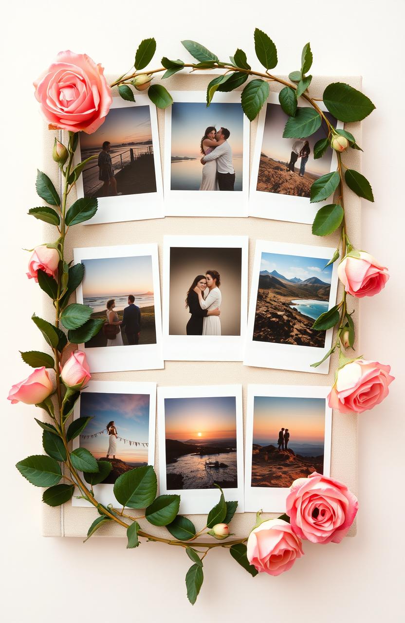 A beautiful collection of vintage Polaroid photos, each displaying various moments of life, memories, and scenic landscapes
