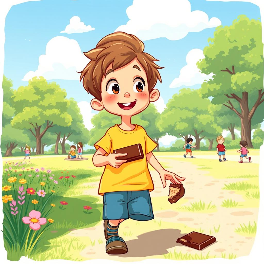 A whimsical illustration of a curious 5-year-old boy wandering in a sunny park, joyfully eating a chocolate bar