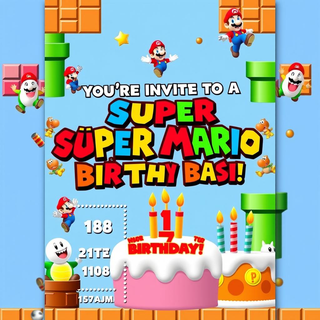 A vibrant and colorful birthday party invitation designed for a 7-year-old boy, featuring a Super Mario theme