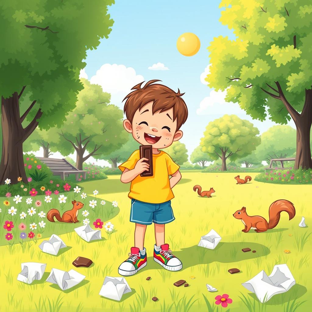 A whimsical illustration of a young boy, around 5 years old, exploring a vibrant park