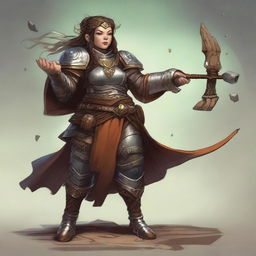 Manifesting her mystical prowess, an unarmed female dwarf, an earth and wood bender, adorned in heavy armor, commands splinters of wood and fragments of rock to levitate and orbit around her.