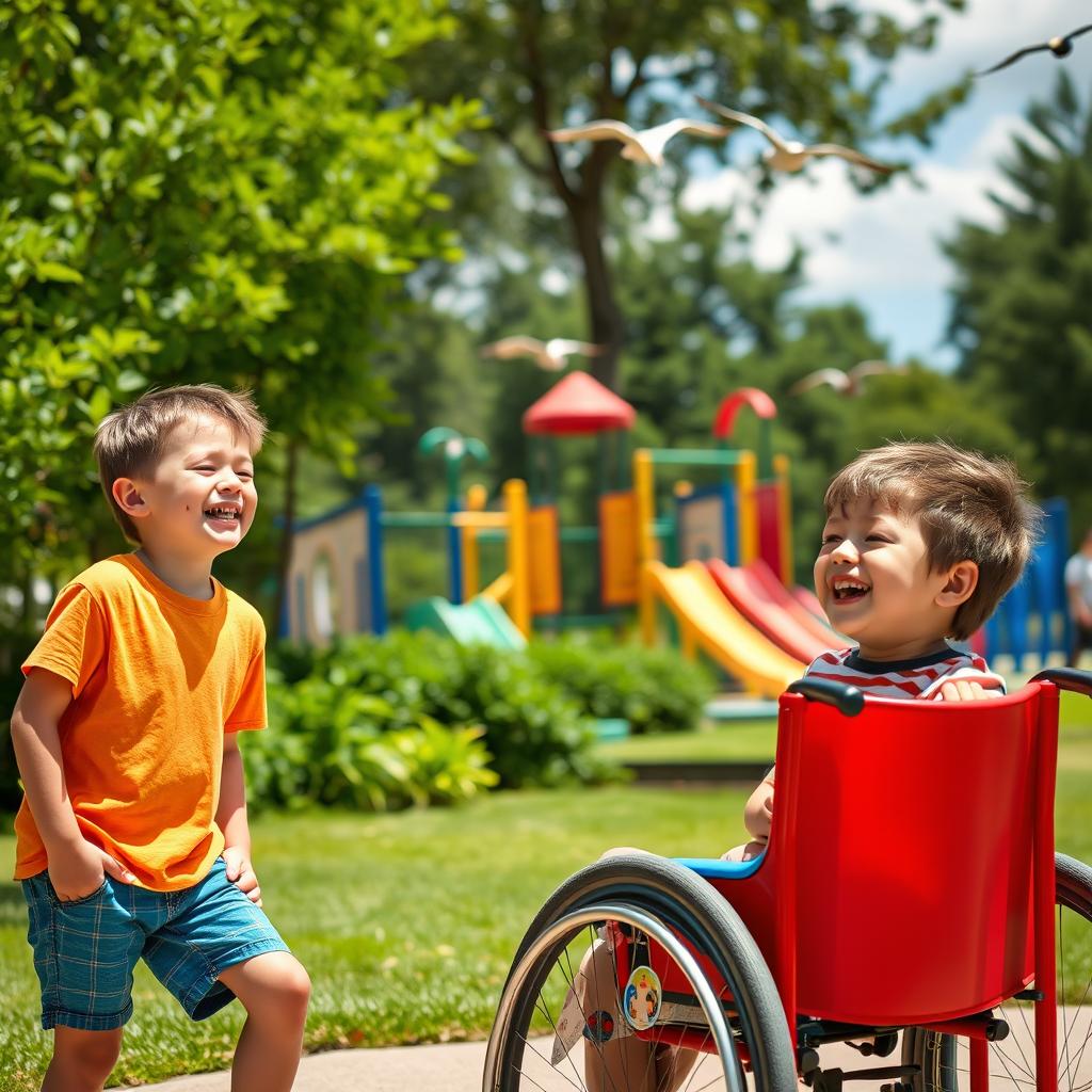 A vibrant scene in a sunny park with two boys, around 10-12 years old, laughing joyfully together
