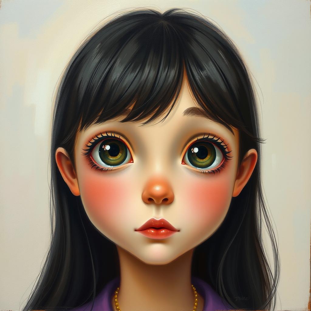 A painting in the style of Margaret Keane, featuring a character with large, expressive eyes and a serene expression