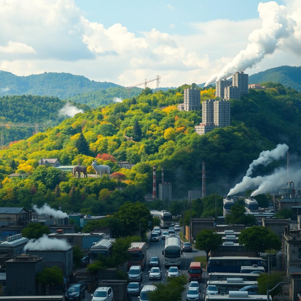 A visual representation of ecological impact, illustrating urban sprawl overtaking lush green areas, with vibrant forests and wildlife depicted in distress as they disappear into concrete developments