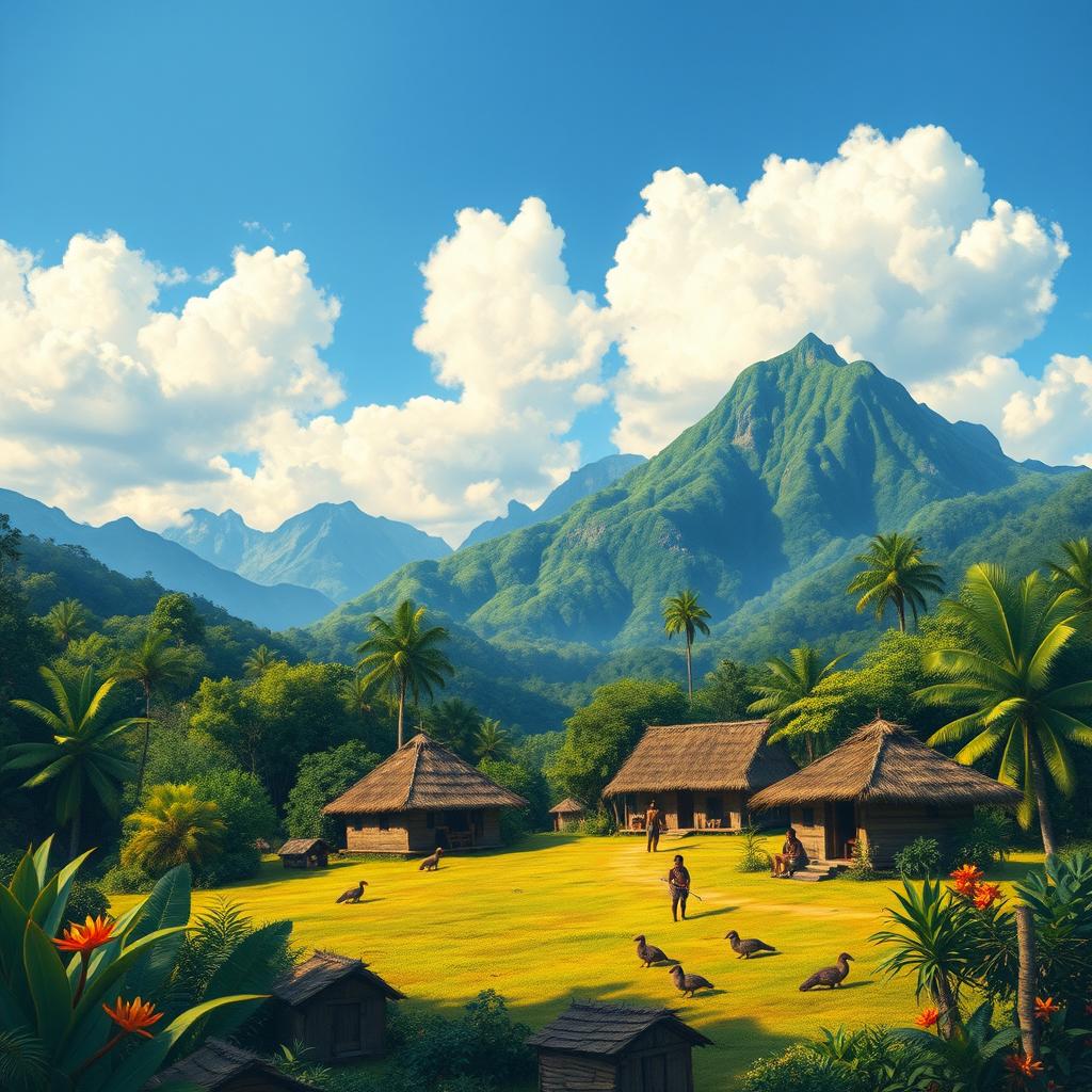 A beautiful, untouched landscape in Papua New Guinea depicting an undeveloped local living group (LLG) 30 years into the future