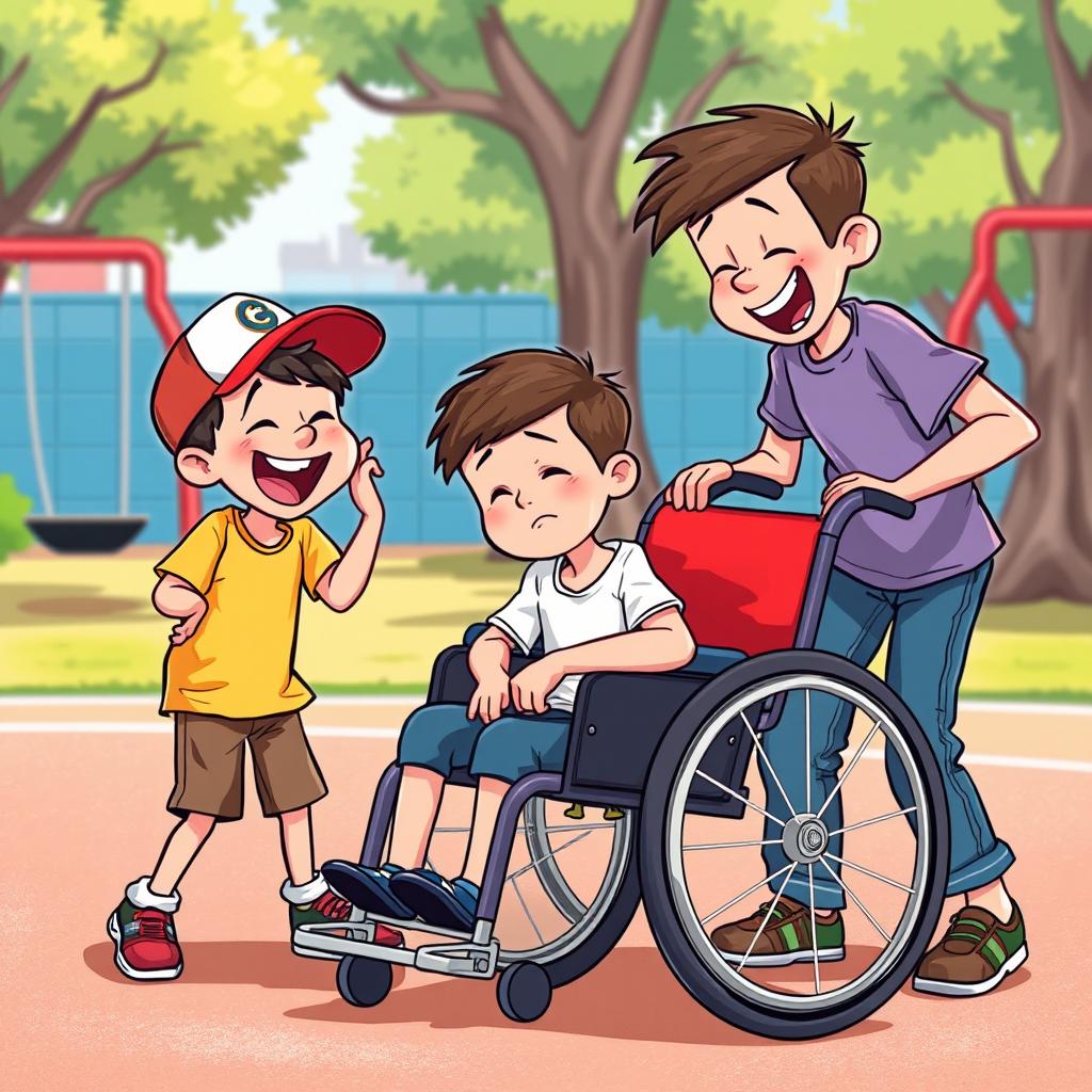 An illustration capturing the scene of two boys laughing and playfully bullying a third child who is sitting in a wheelchair