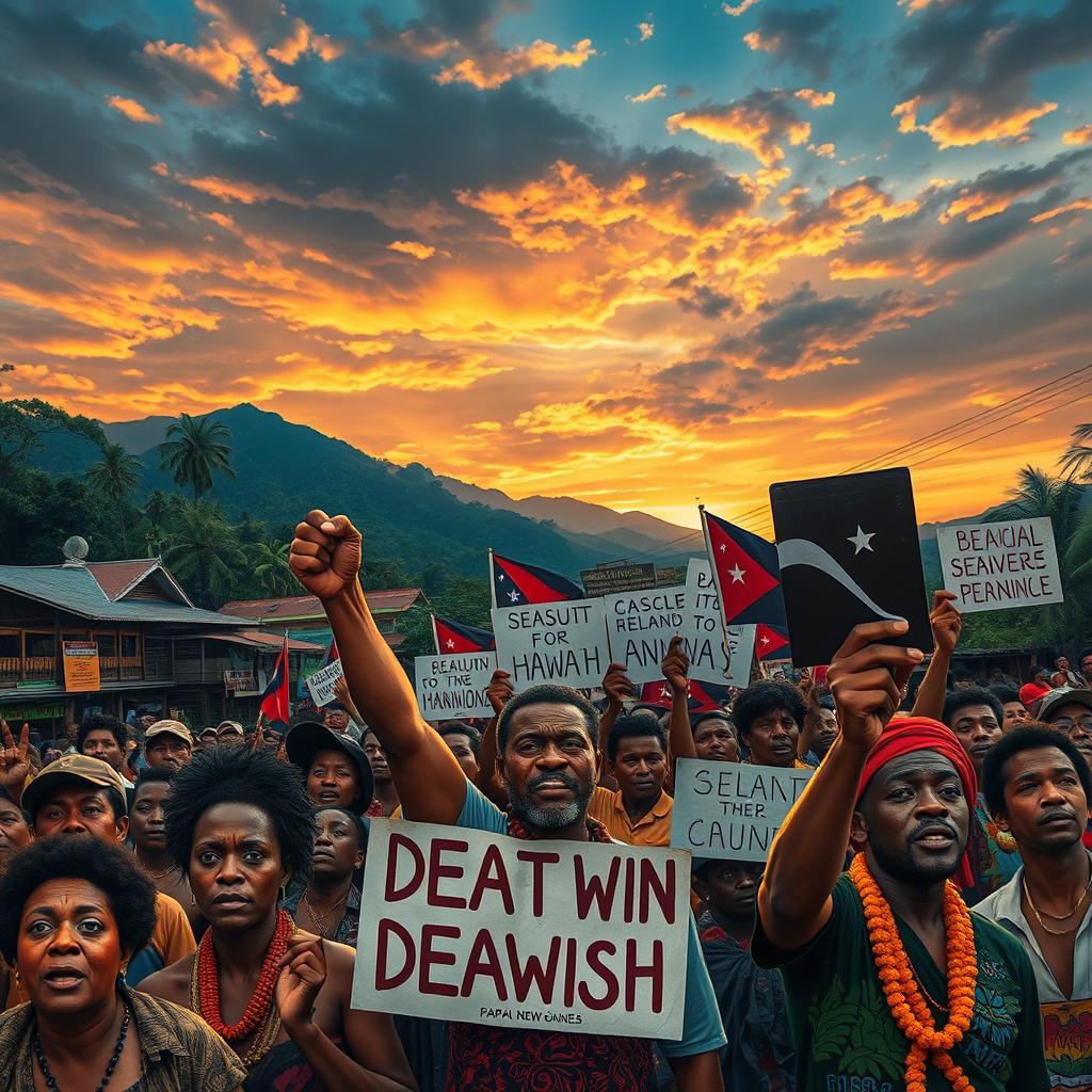 A vividly depicted political scenario in Papua New Guinea, capturing the essence of the term "Death Wish