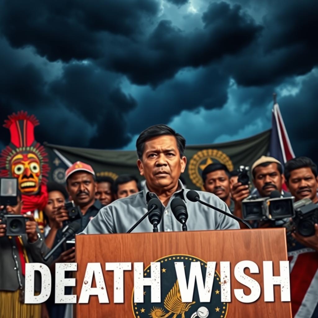 A dramatic political scene in Papua New Guinea depicting the theme of 'Death Wish'