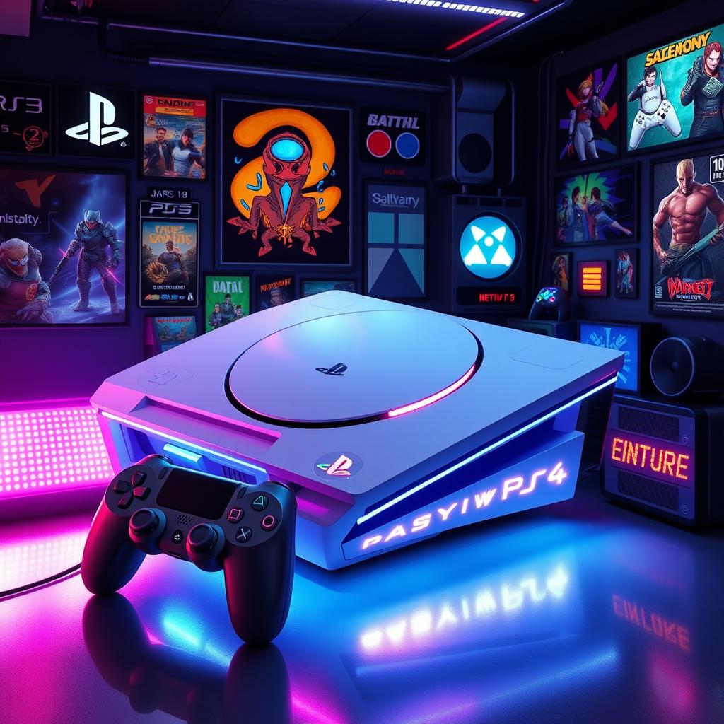 An imaginative concept design of a futuristic PlayStation 6 console that seamlessly integrates the best features from the PlayStation 1, PlayStation 2, PlayStation 3, PlayStation 4, and PlayStation 5