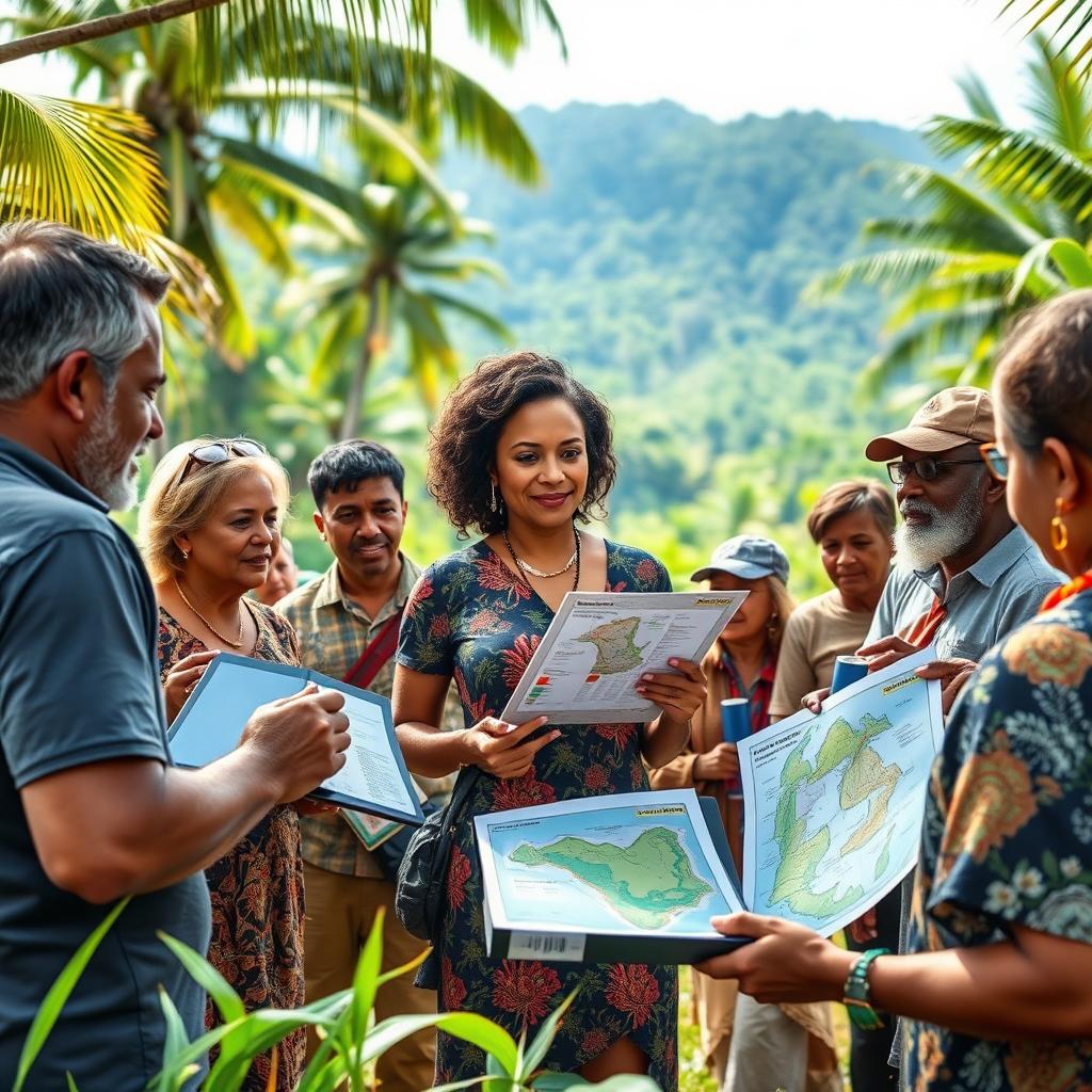 An impactful scene depicting NGOs actively engaging with the local community in Papua New Guinea to address land issues