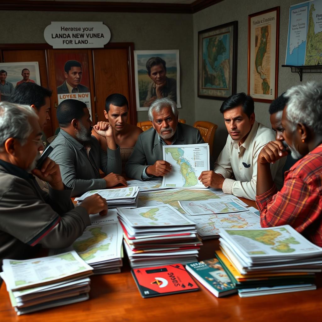 A dramatic scene depicting a group of determined NGO activists in a tense meeting room, surrounded by stacks of documents and maps portraying land issues in Papua New Guinea