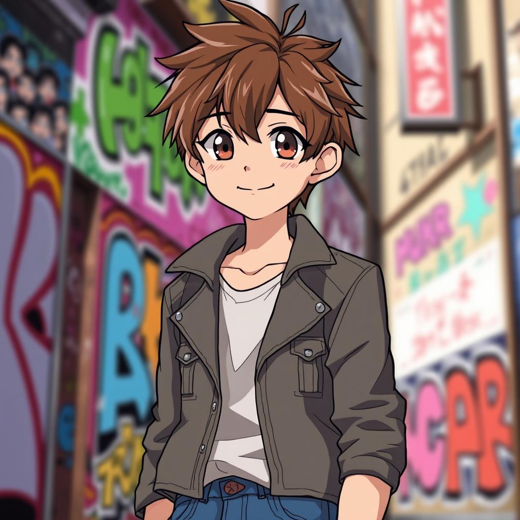 A handsome anime boy with tousled brown hair and warm brown eyes, wearing a stylish casual outfit that includes a fitted jacket and trendy jeans