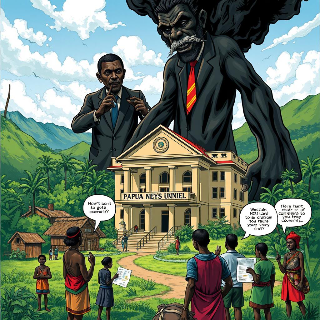 An illustration depicting a dramatic scene where NGOs are portrayed as towering figures overshadowing a government building, symbolizing their overpowering influence on the political system concerning land issues in the local government area