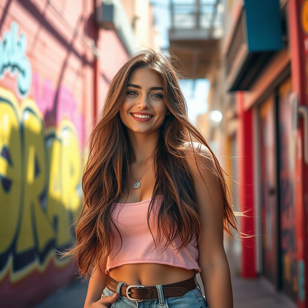 A captivating and playful scene featuring a stylish young woman in a vibrant urban setting