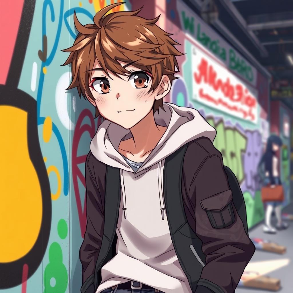 A 17-year-old anime boy with stylish brown hair and expressive brown eyes, dressed in a trendy outfit featuring a hoodie and skinny jeans