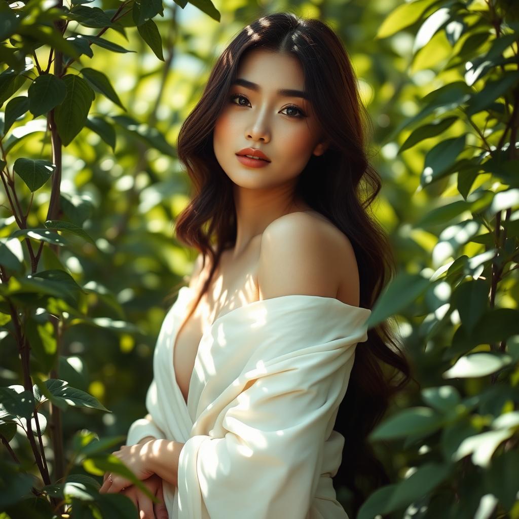 A tasteful and artistic representation of a young woman in a serene outdoor setting, partially draped in soft fabrics that suggest elegance and natural beauty