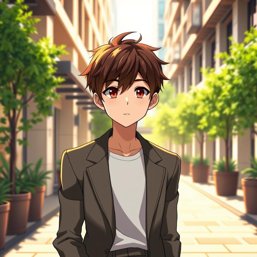 An adult anime boy with stylish brown hair and deep brown eyes, wearing a sophisticated outfit that includes a tailored blazer over a simple t-shirt, paired with slim-fit trousers