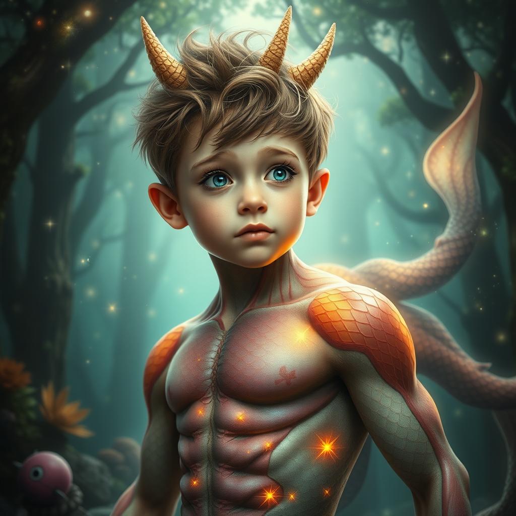 A surreal and fantastical image depicting a human figure with a boy's head seamlessly blended with the body of a mystical creature, such as a centaur or a mermaid, creating a harmonious fusion of human and fantastical traits