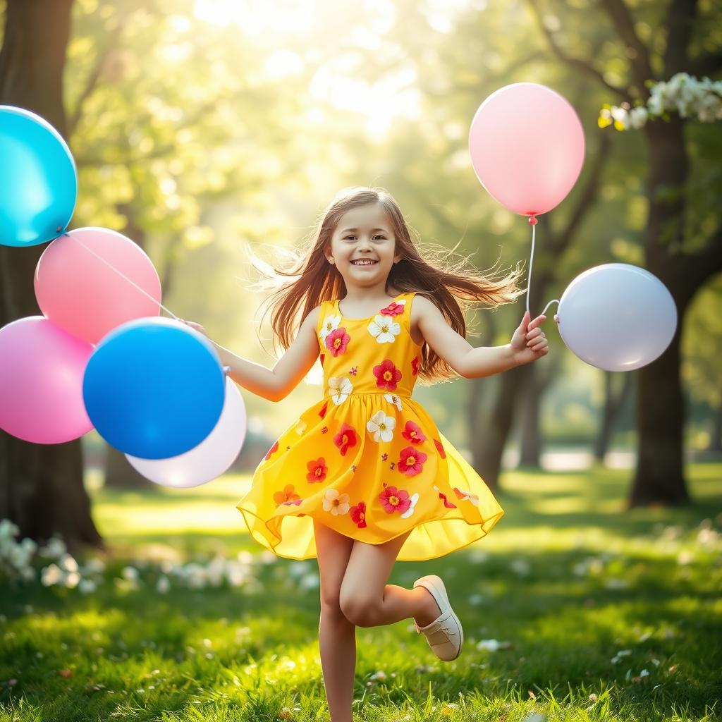 A serene park scene featuring a young girl about 7 years old, joyfully playing with colorful balloons