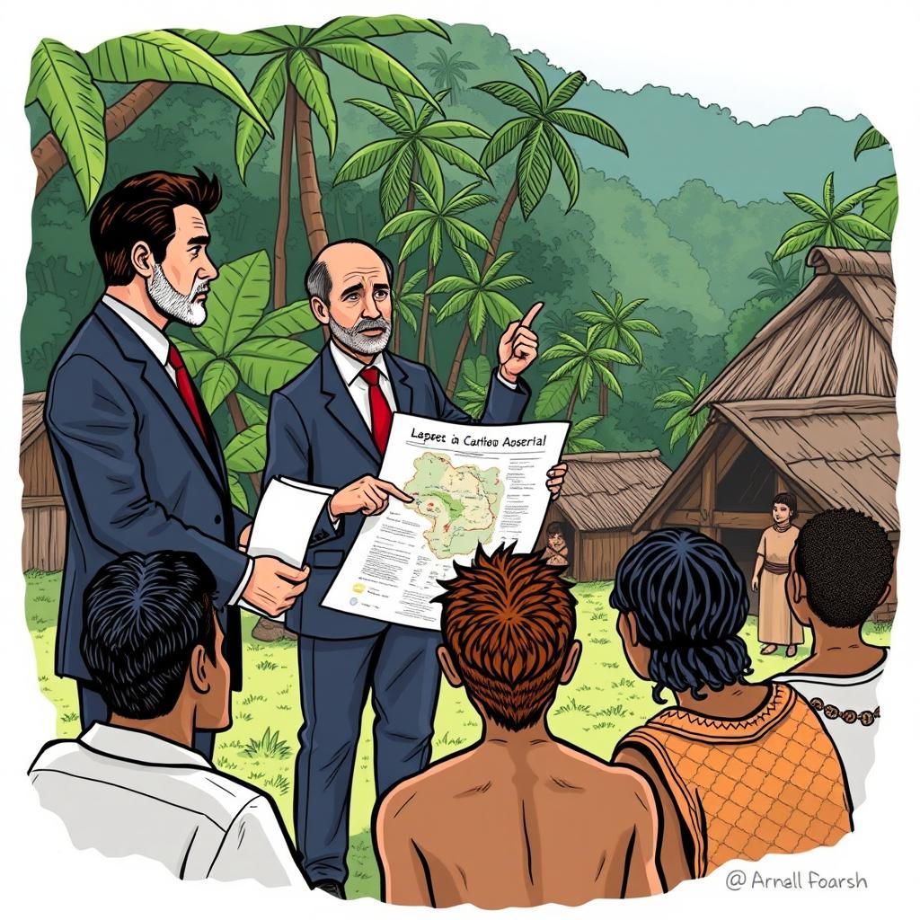An illustration depicting a fictional NON GOVERNMENT ORGANIZATION actively misleading communities in Papua New Guinea 🇵🇬 about land ownership agreements