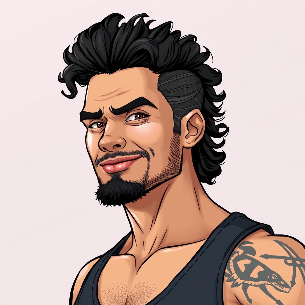 A tall biracial man with a muscular build, sporting a bit of a scruffy beard and a mullet hairstyle