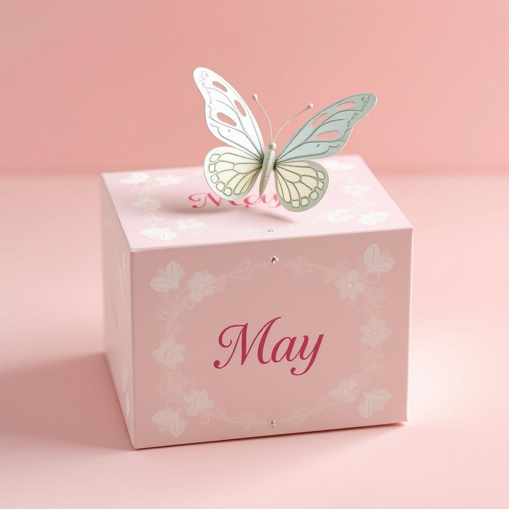 A delightful box for May cosmetics in a soft baby pink color, featuring a delicate white butterfly perched on top