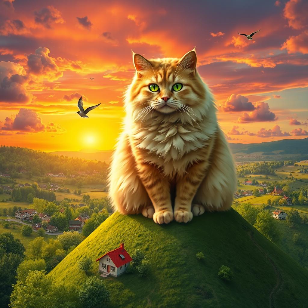A giant fluffy cat sitting majestically on a hilltop, overlooking a small village with colorful houses below