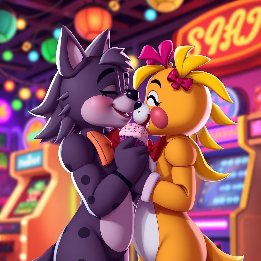 A romantic scene featuring the characters Roxy and Chica from the Five Nights at Freddy's franchise
