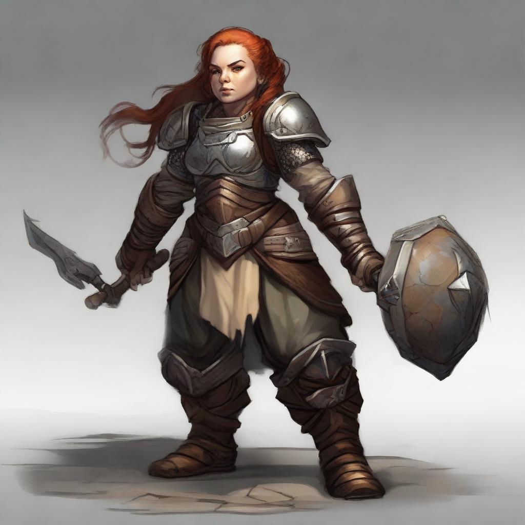 An unarmed female dwarf, endowed with earth and wood bending capabilities, garbed in heavy armor, compellingly maneuvers wooden splinters and rocks to float and revolve around her ethereal form.