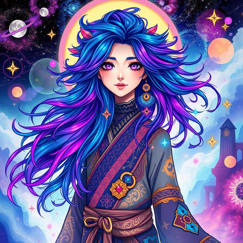 A striking and mystical representation of the artist 'Tamashi', depicted as a colorful avatar with vibrant ethereal energy swirling around
