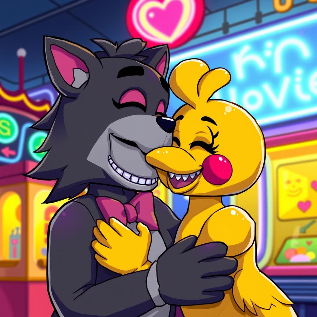 A beautifully illustrated scene featuring the characters Roxy and Chica from Five Nights at Freddy's sharing a tender kiss