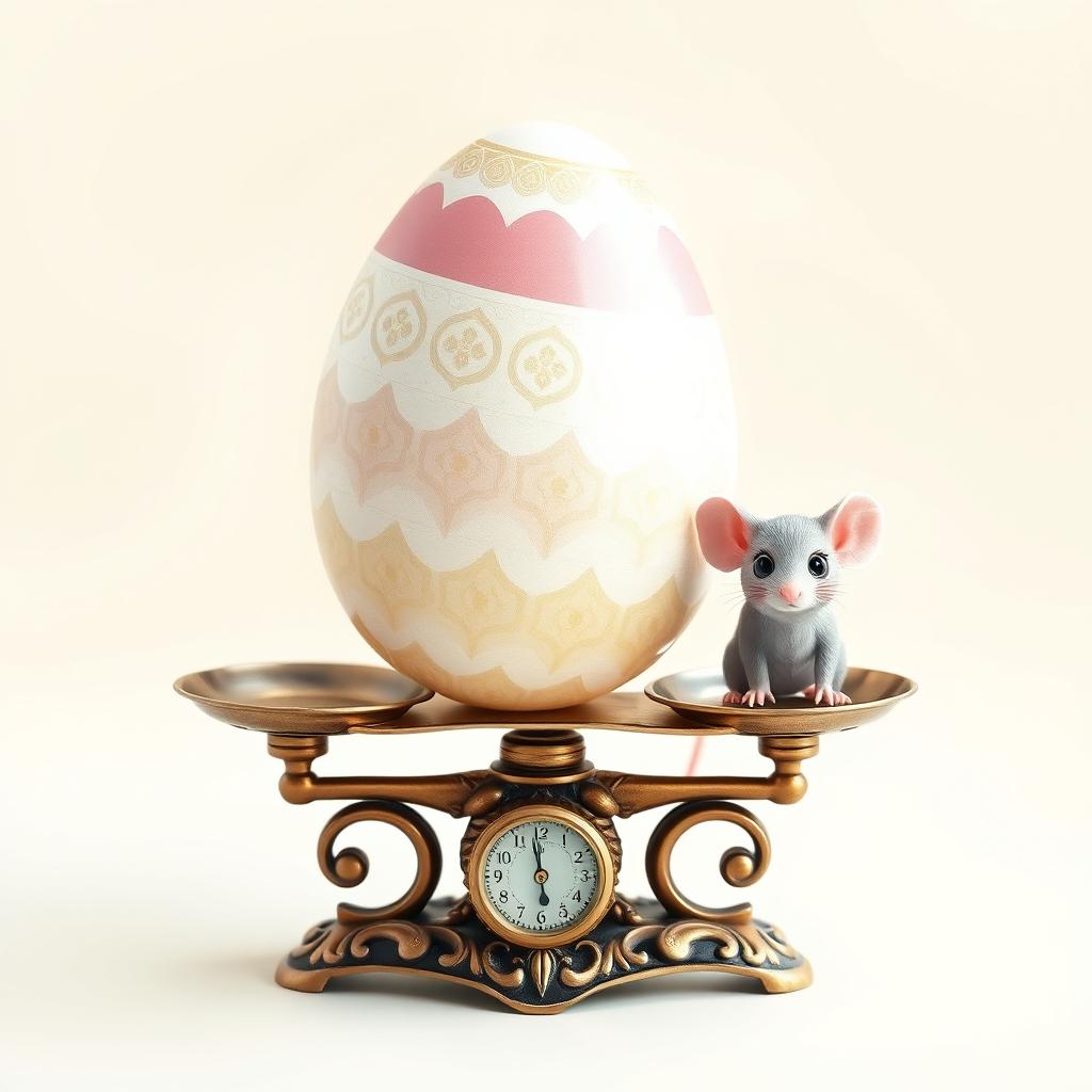 A playful and whimsical scene depicting a balance scale where one side holds a large, shiny egg, clearly outweighing the other side