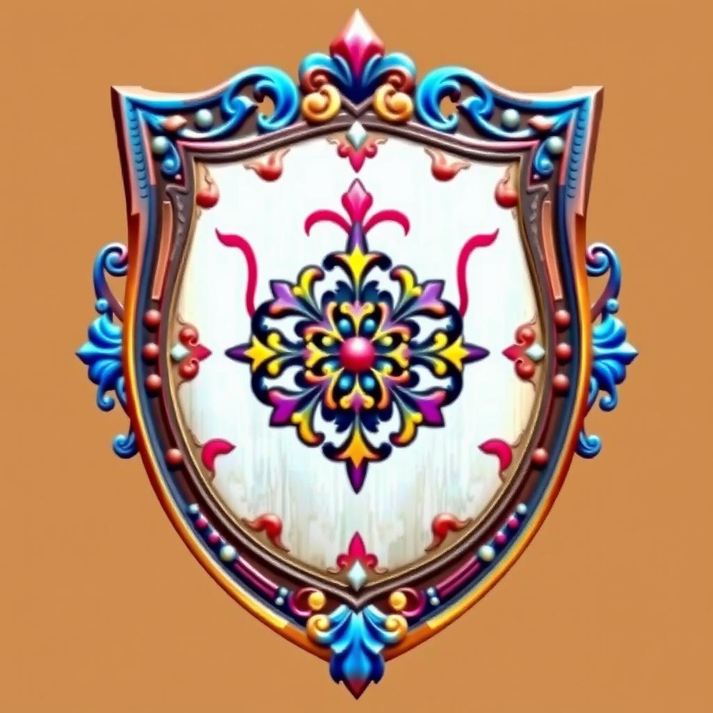 A beautifully designed shield with intricate details, featuring a vibrant emblem in the center