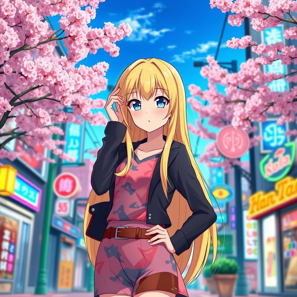 An anime girl with striking long blond hair and beautiful blue eyes, dressed in a stylish and colorful outfit