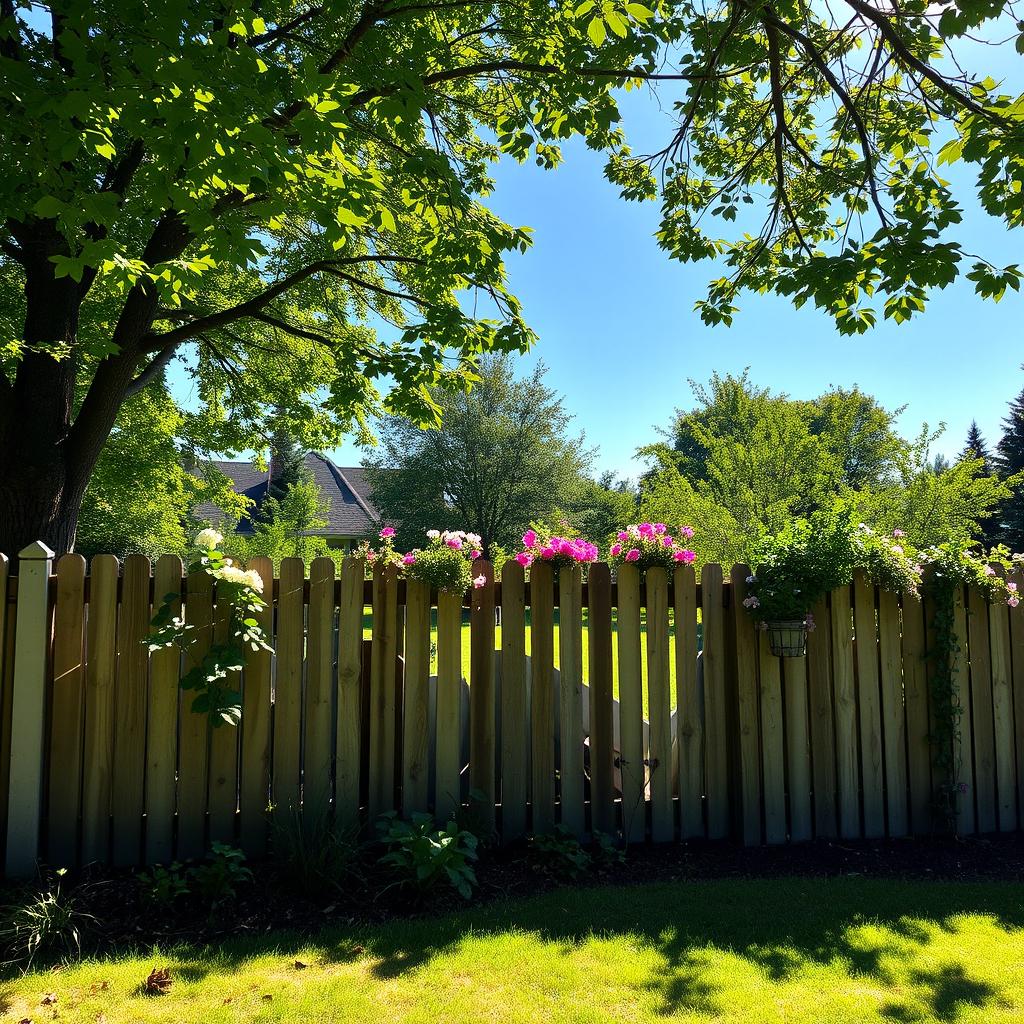 A serene garden setting featuring a wooden fence that has been reduced in height, allowing for a more open and inviting atmosphere