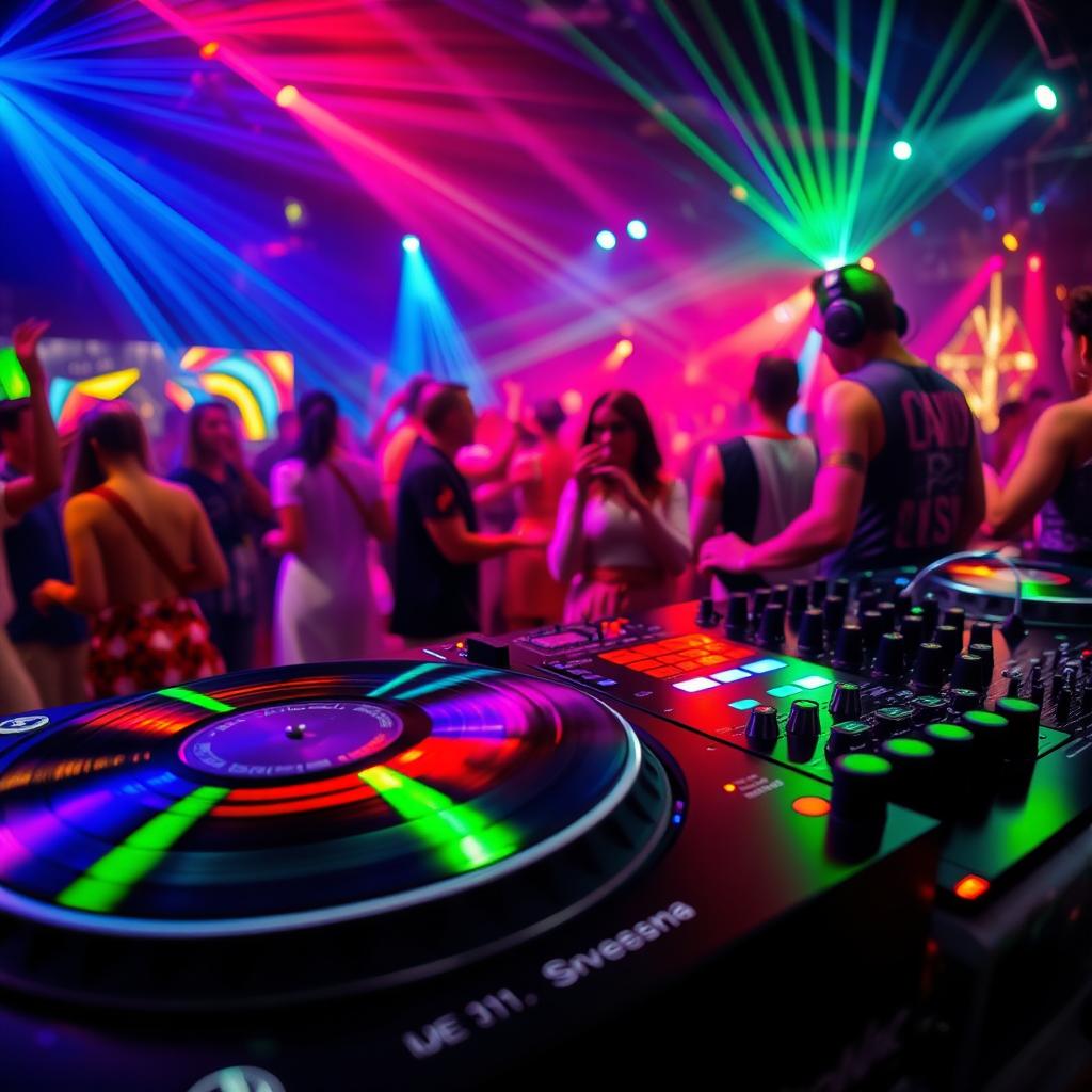 A vibrant scene showcasing a DJ turntable spinning energetically at a lively party