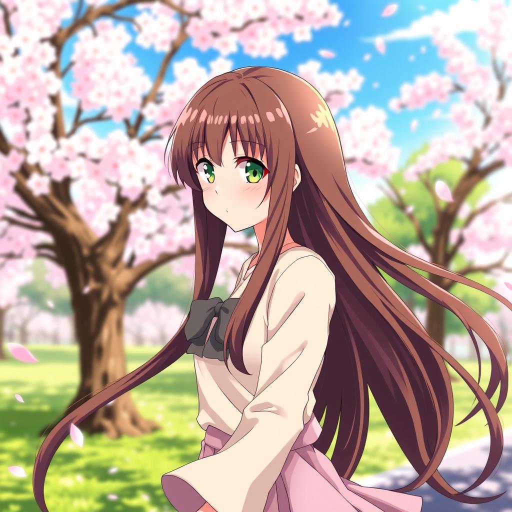 An anime girl with beautiful long brown hair flowing elegantly, bright green eyes sparkling with curiosity