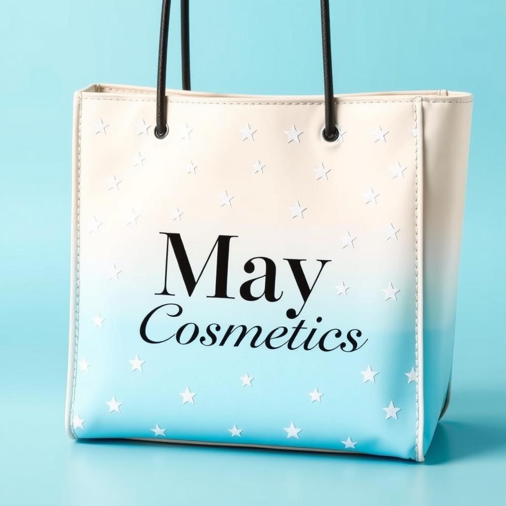 A stylish bag designed for May Cosmetics, featuring a beautiful gradient that transitions from beige to bright blue