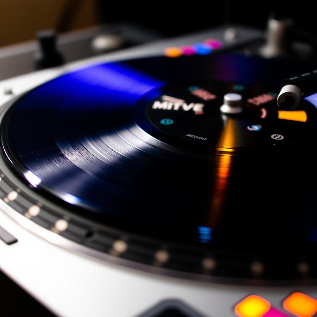 A close-up shot of a DJ turntable spinning a vibrant vinyl record, capturing the intricate details of the turntable’s components