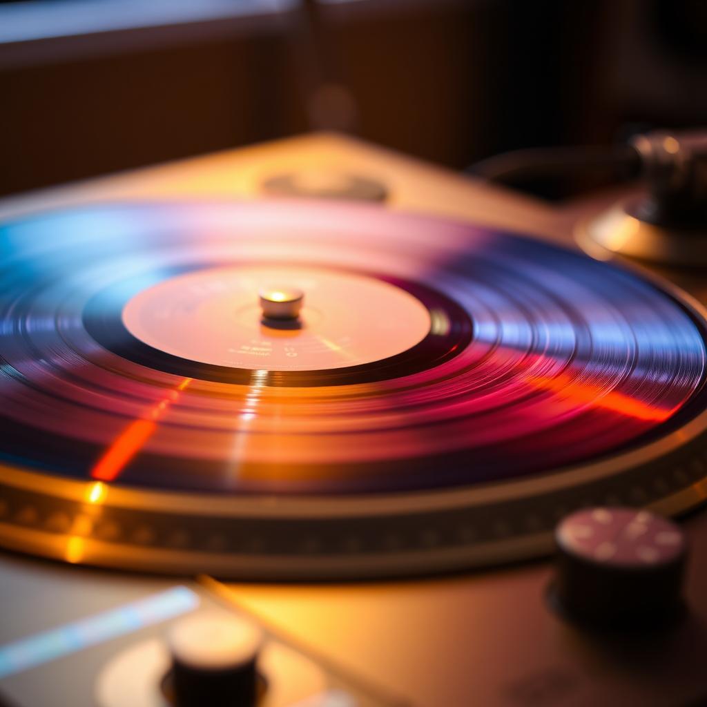 A detailed close-up of a DJ turntable with a bright, colorful vinyl record spinning rapidly