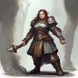 An unarmed female dwarf, endowed with earth and wood bending capabilities, garbed in heavy armor, compellingly maneuvers wooden splinters and rocks to float and revolve around her ethereal form.