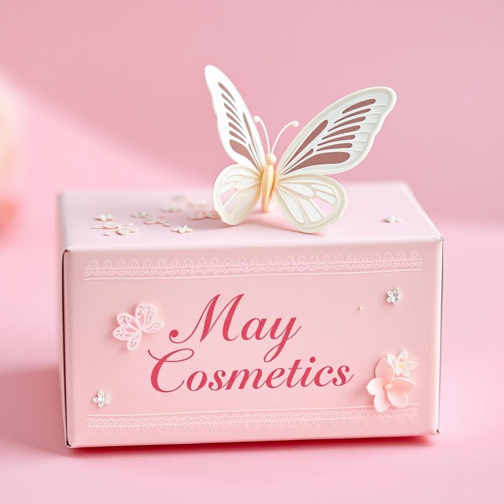 A delightful box for May cosmetics in a soft baby pink color, featuring a delicate white butterfly perched on top