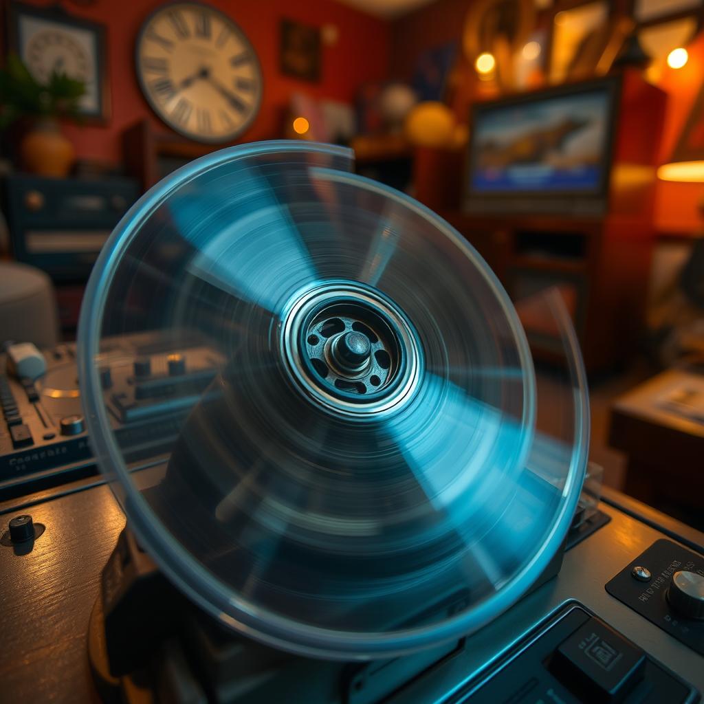 A nostalgic close-up of an old cassette tape spinning on a vintage tape player, capturing the intricate details of the tape and the mechanics of the device