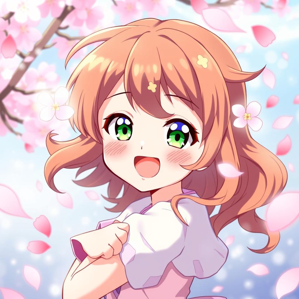 A cheerful anime girl with vibrant brown hair styled in loose waves, sparkling green eyes full of joy, wearing a cute, colorful outfit