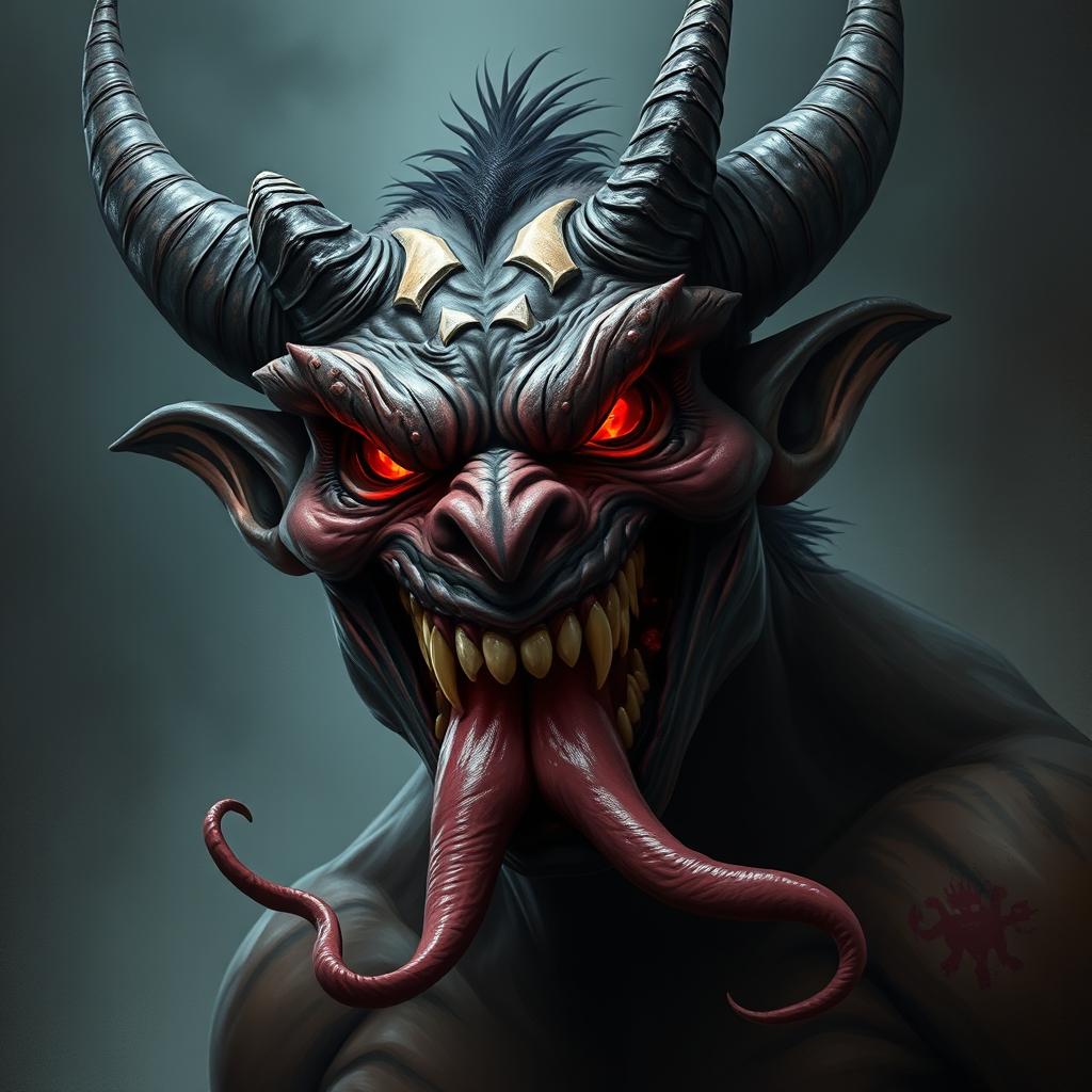 A fierce, mythological creature with sharp teeth bared in a menacing grin, displaying a very long, sinuous tongue that adds a sense of danger