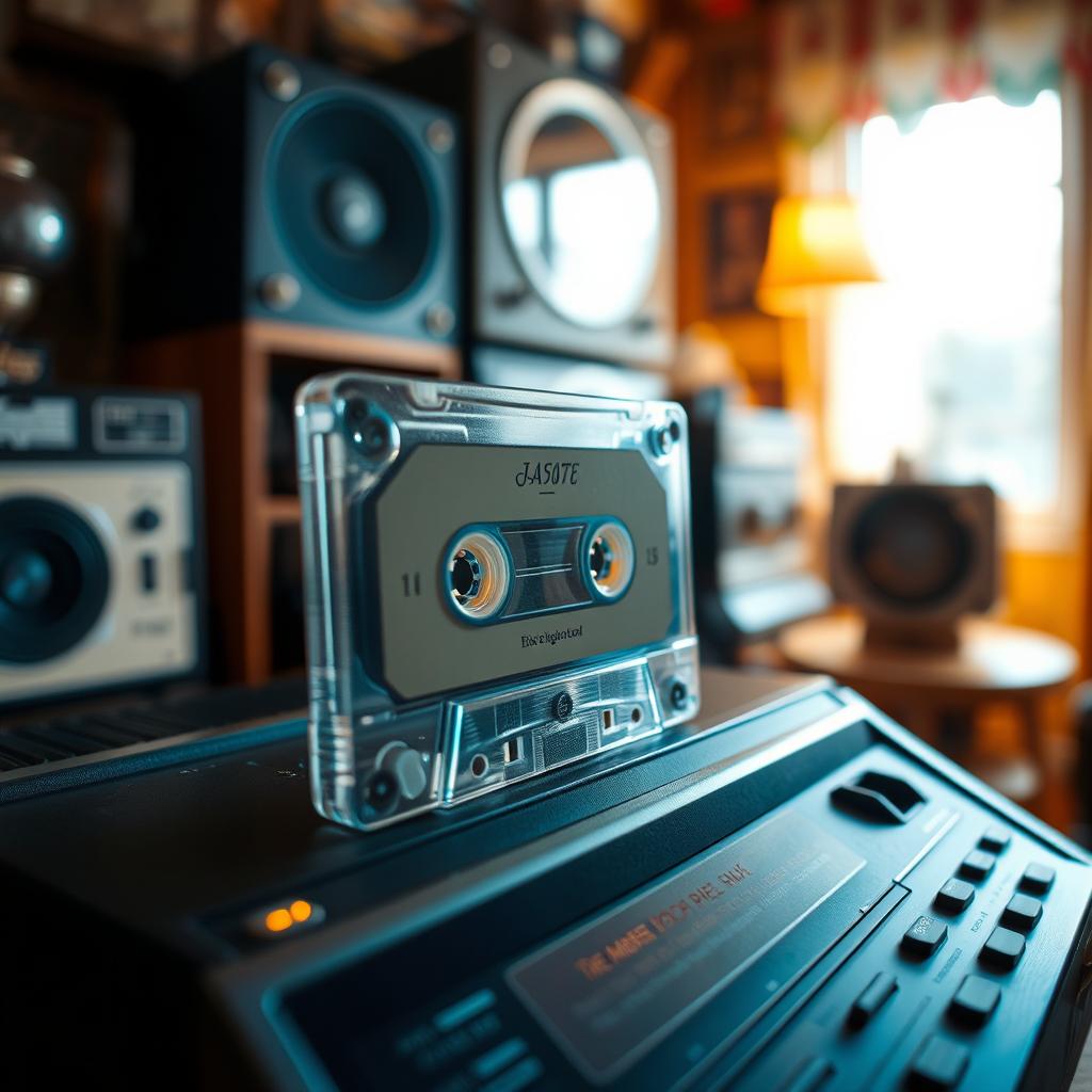 A nostalgic scene featuring an old cassette tape spinning on a vintage cassette player